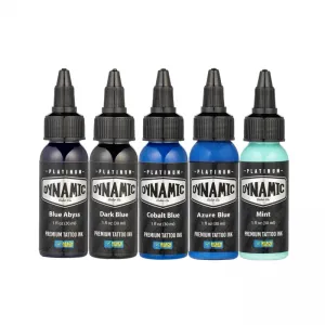 Dynamic Ink Platinum Lagoon Set 5 x 30 ml, Set Tusuri Profesionale Albastru-Verde pentru Tatuaje REACH