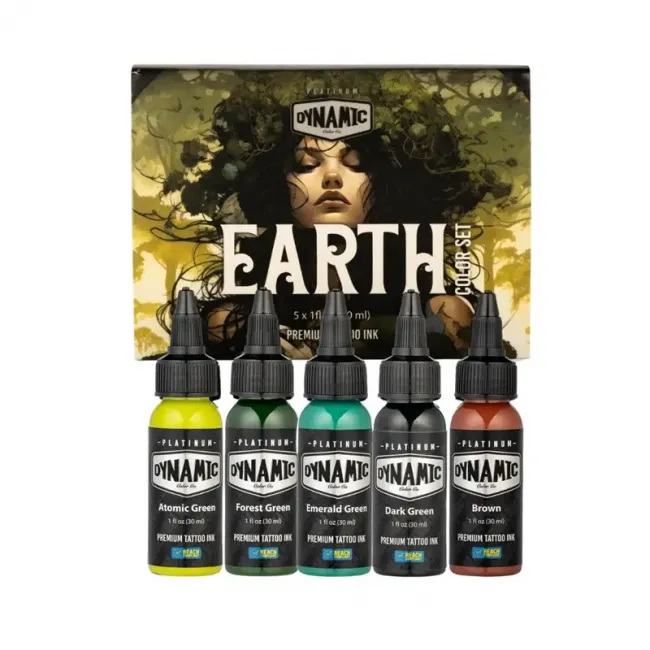 Dynamic Ink Platinum Earth Set 5 x 30 ml, Set Tusuri Profesionale Verde si Maro pentru Tatuaje REACH
