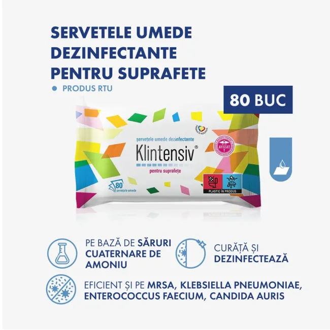 Servetele Dezinfectante Suprafete 80 buc Klintensiv Profesionale Fara Clatire