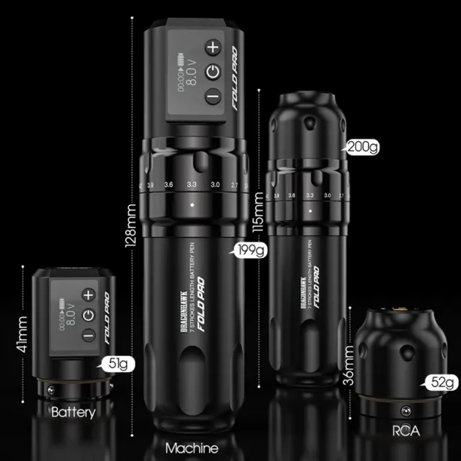 Dragonhawk Fold Pro 7 Aparat de Tatuat Wireless cu Stroke Reglabil 2.4-4.2 mm, 2 Baterii