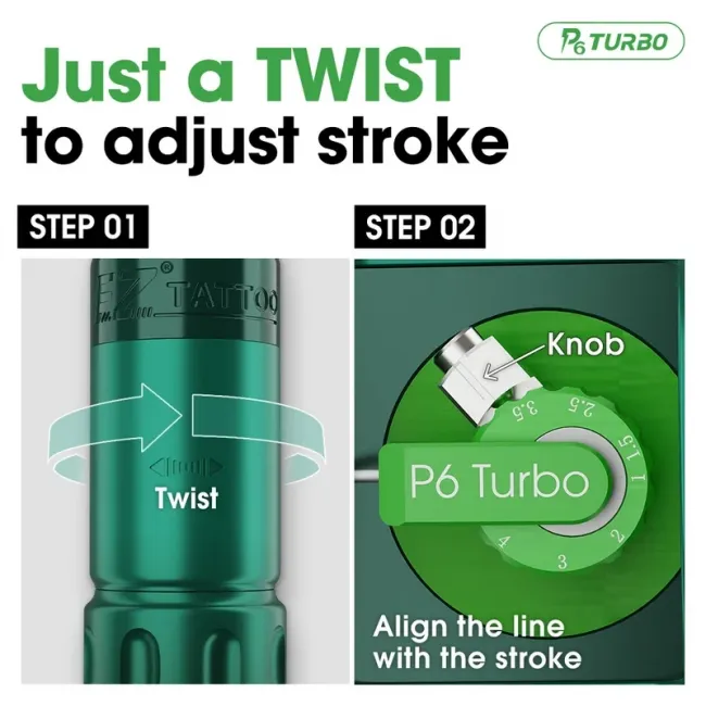 EZ P6 Turbo Wireless cu 2 Baterii - Aparat de Tatuat cu Stroke Reglabil 1.0-5.0 mm